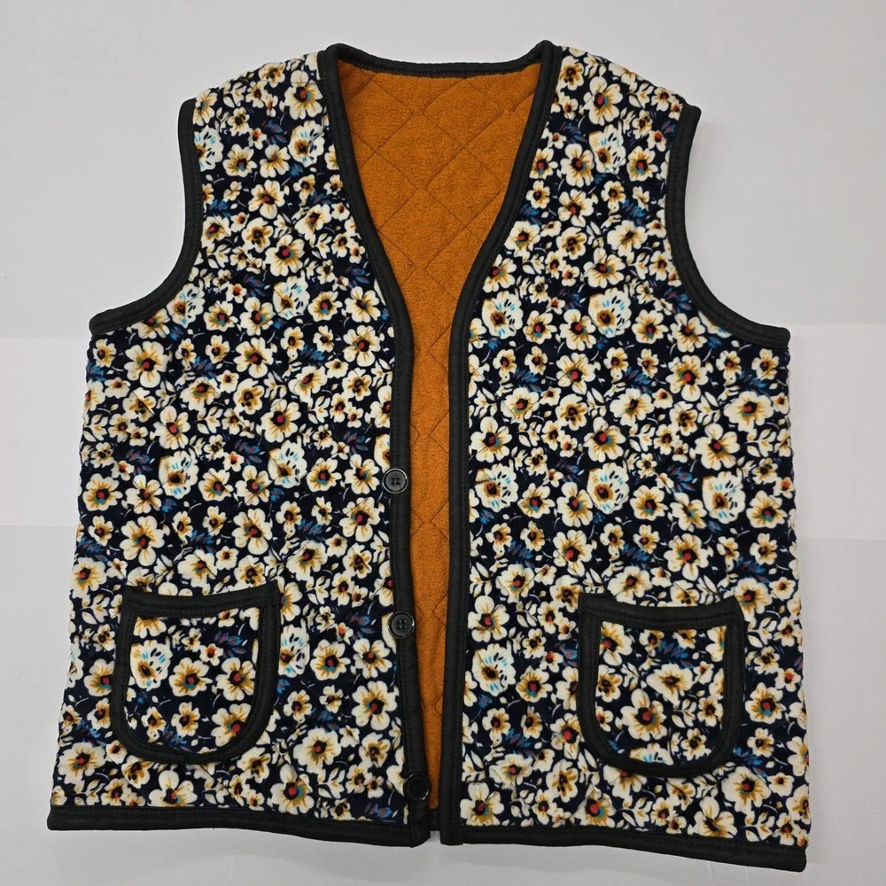 Vintage Velvet‎ Soft Quilted Floral Vest Quilted Pockets Buttons